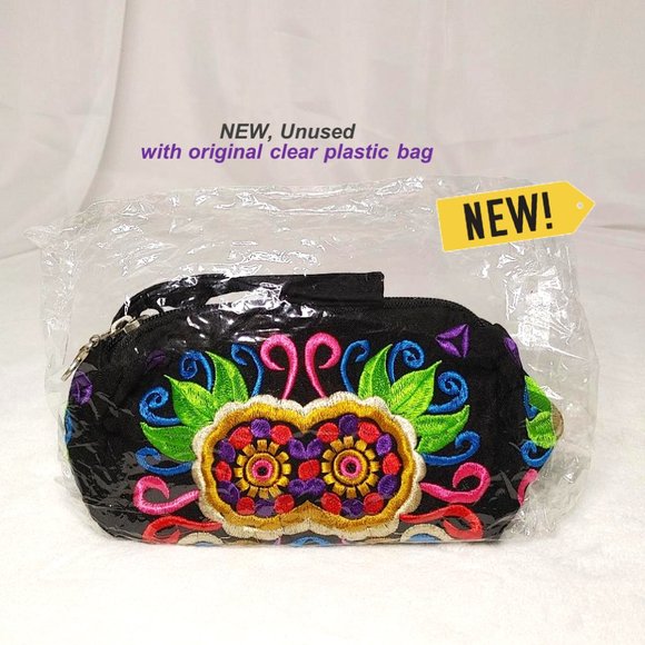 Embroidery Black Wristlet 3-Layer Zipper Geo Floral Fabric Gold Red Pouch Lined - Picture 9 of 10